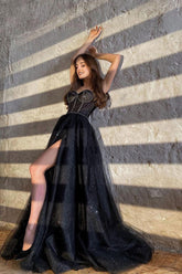 Black Prom Dress Tulle Sweetheart Neck Long Formal Dress Evening Dress